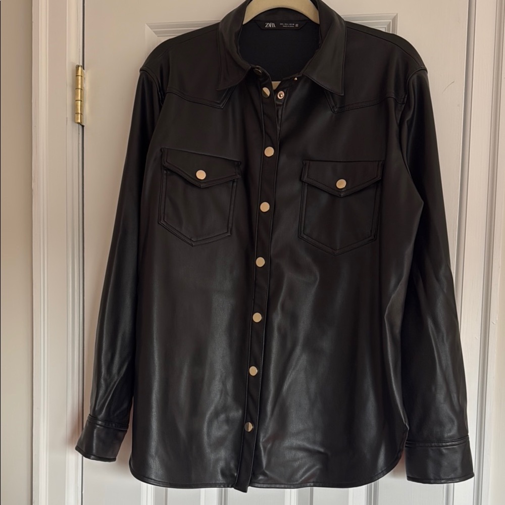 Zara Black Button-Up Faux Leather Shirt